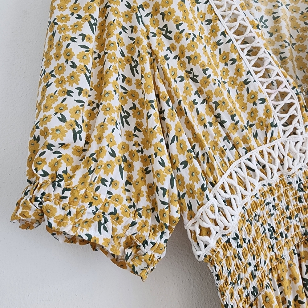 Elan Daisy Yellow Floral Crochet Trim Midi Dress Cottagecore Boho Smocked Small - Picture 5 of 12